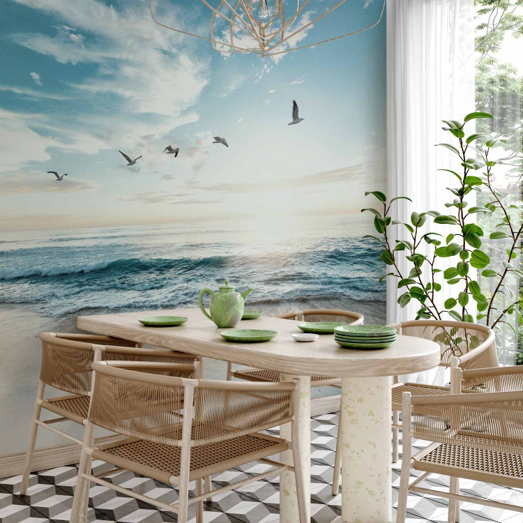 Wall Mural Abandoned beach - seascape with waves, birds and a setting sun 138461 additionalImage 7