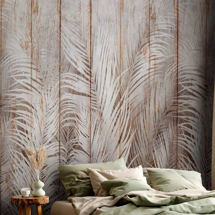 Wall Mural Beige Exotic - White Palm Leaves on the Background of Light Boards 147661 additionalImage 2
