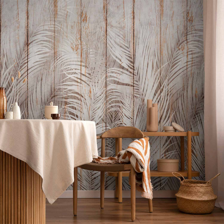 Wall Mural Beige Exotic - White Palm Leaves on the Background of Light Boards 147661 additionalImage 6
