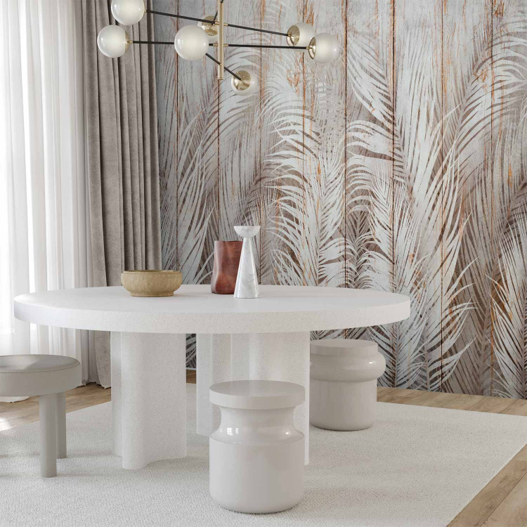 Wall Mural Beige Exotic - White Palm Leaves on the Background of Light Boards 147661 additionalImage 7