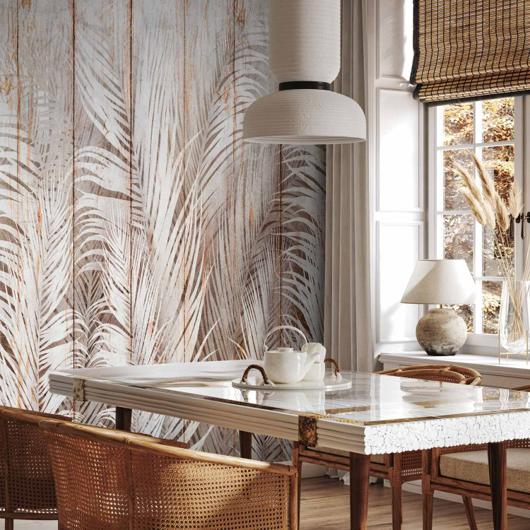 Wall Mural Beige Exotic - White Palm Leaves on the Background of Light Boards 147661 additionalImage 4