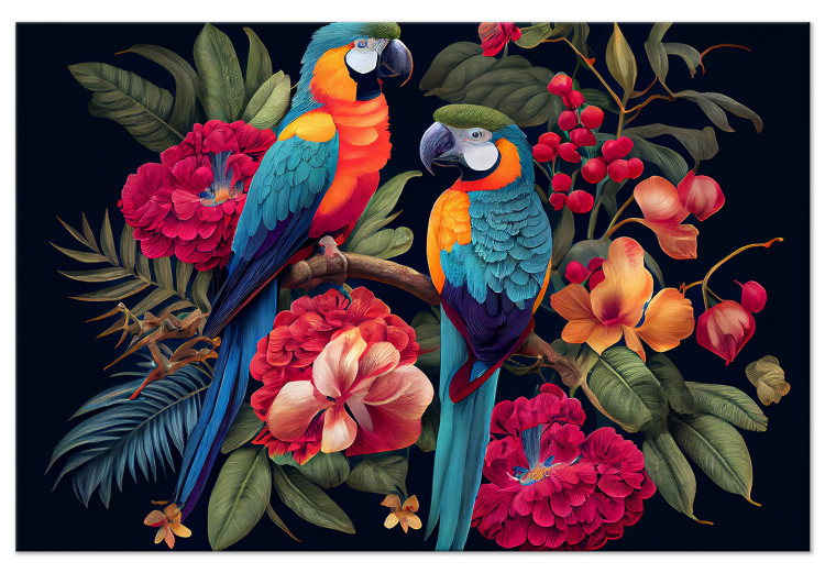 Canvas Exotic Birds - Parrots Among Colorful Vegetation in the Jungle 149861