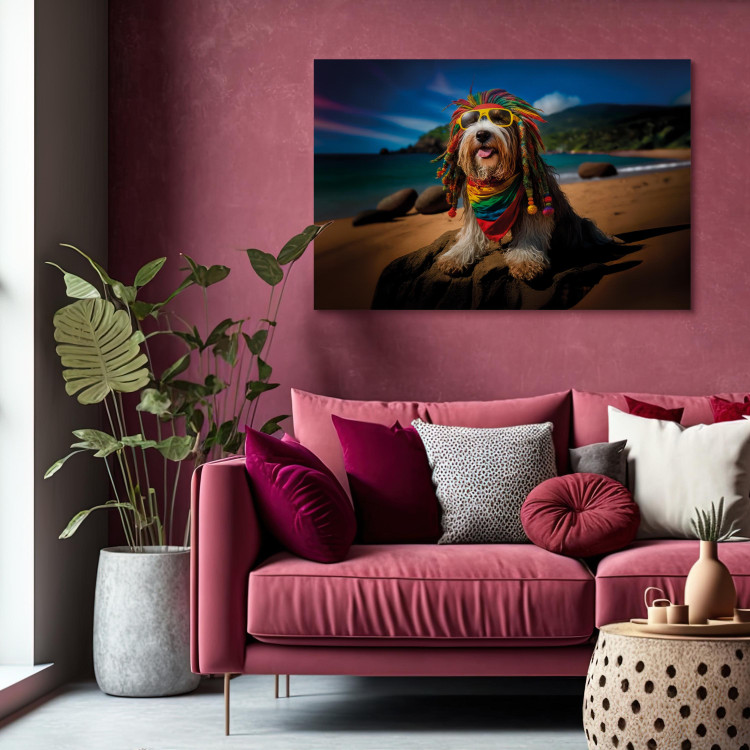 Canvas Art Print AI Bearded Collie Dog - Rasta Animal Chilling on Paradise Beach - Horizontal 150261 additionalImage 3