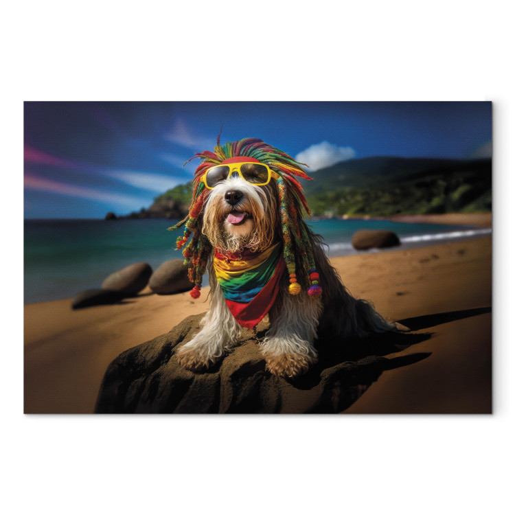 Canvas Art Print AI Bearded Collie Dog - Rasta Animal Chilling on Paradise Beach - Horizontal 150261