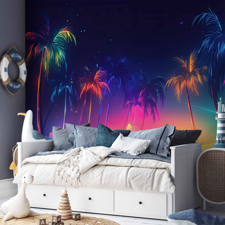 Wall Mural Beach and Colors - Ocean and Tropical Palm Trees With Neon Lights 150661 additionalImage 2