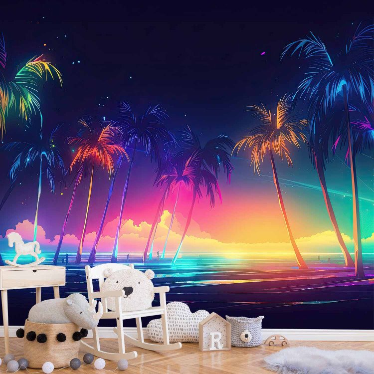Wall Mural Beach and Colors - Ocean and Tropical Palm Trees With Neon Lights 150661