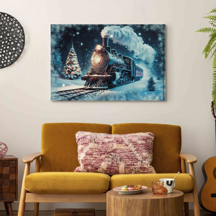 Canvas Art Print Christmas Train - Steam Locomotive Driving Through a Snowy Forest at Night 151861 additionalImage 5