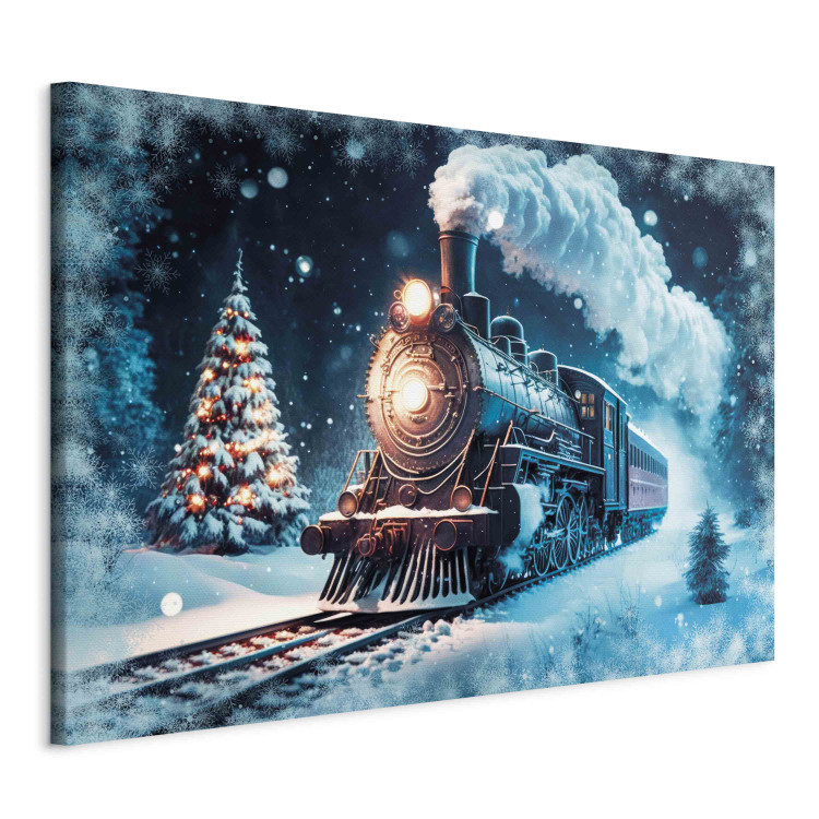 Canvas Art Print Christmas Train - Steam Locomotive Driving Through a Snowy Forest at Night 151861 additionalImage 2