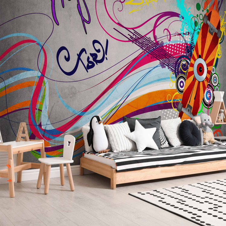 Photo Wallpaper Skateboard - Street Art Mural with Colourful Streak and Patterns on a Gray Background 60561 additionalImage 7