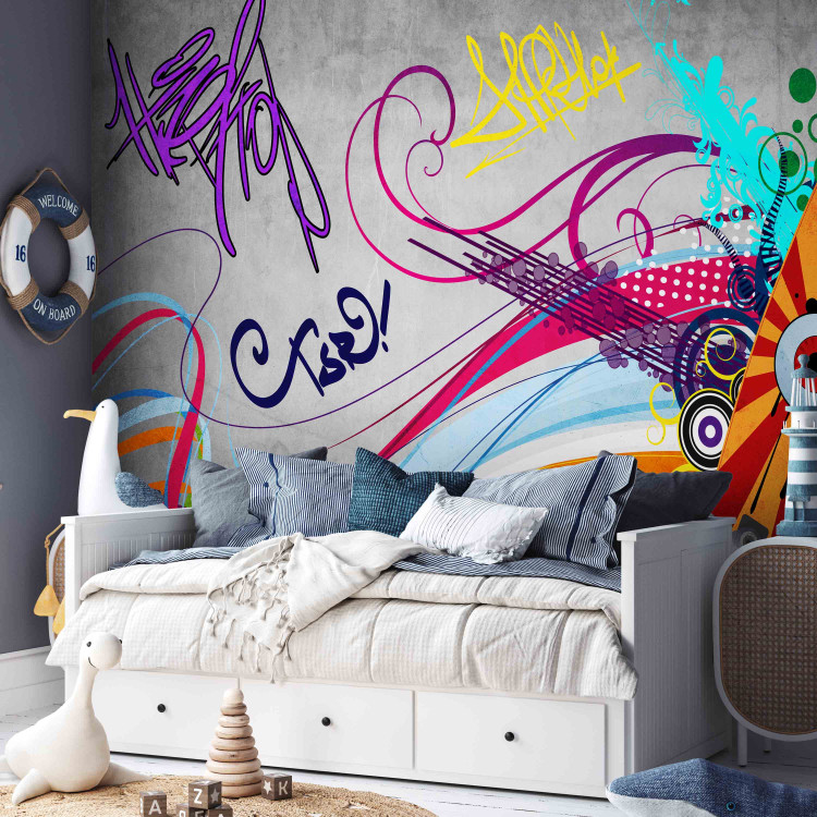 Photo Wallpaper Skateboard - Street Art Mural with Colourful Streak and Patterns on a Gray Background 60561 additionalImage 6