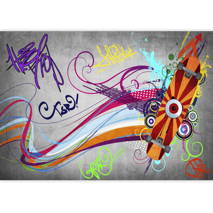 Photo Wallpaper Skateboard - Street Art Mural with Colourful Streak and Patterns on a Gray Background 60561 additionalImage 3