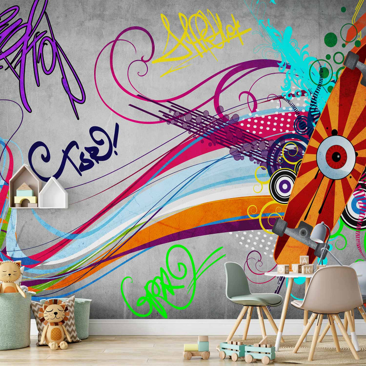 Photo Wallpaper Skateboard - Street Art Mural with Colourful Streak and Patterns on a Gray Background 60561