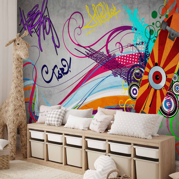 Photo Wallpaper Skateboard - Street Art Mural with Colourful Streak and Patterns on a Gray Background 60561 additionalImage 2
