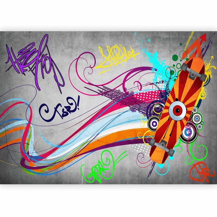 Photo Wallpaper Skateboard - Street Art Mural with Colourful Streak and Patterns on a Gray Background 60561 additionalImage 1