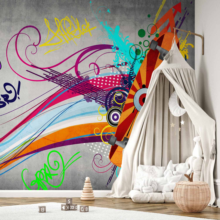 Photo Wallpaper Skateboard - Street Art Mural with Colourful Streak and Patterns on a Gray Background 60561 additionalImage 6