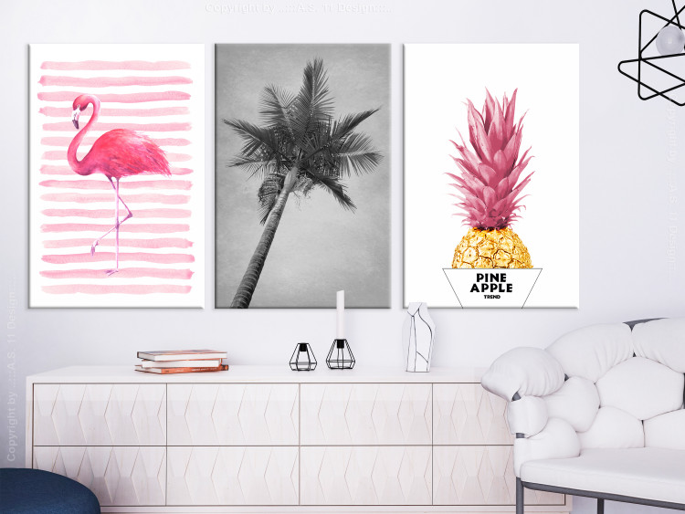 Canvas Exotic composition with flamingo, palm and pineapple - triptych with dead nature, wild nature and subtitles in gray, pink and golden shades 118071 additionalImage 3