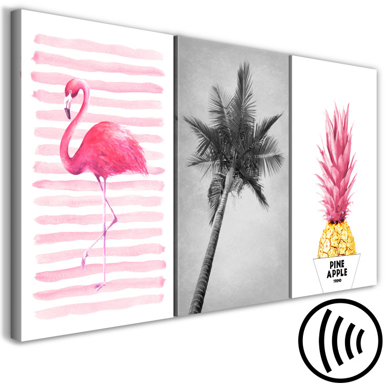 Canvas Exotic composition with flamingo, palm and pineapple - triptych with dead nature, wild nature and subtitles in gray, pink and golden shades 118071 additionalImage 6