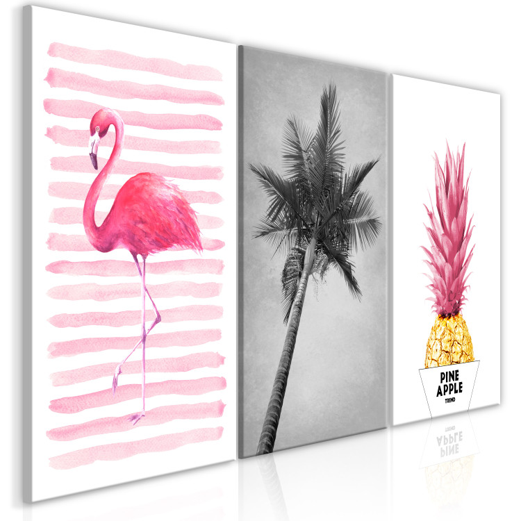 Canvas Exotic composition with flamingo, palm and pineapple - triptych with dead nature, wild nature and subtitles in gray, pink and golden shades 118071 additionalImage 2