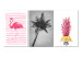 Canvas Exotic composition with flamingo, palm and pineapple - triptych with dead nature, wild nature and subtitles in gray, pink and golden shades 118071