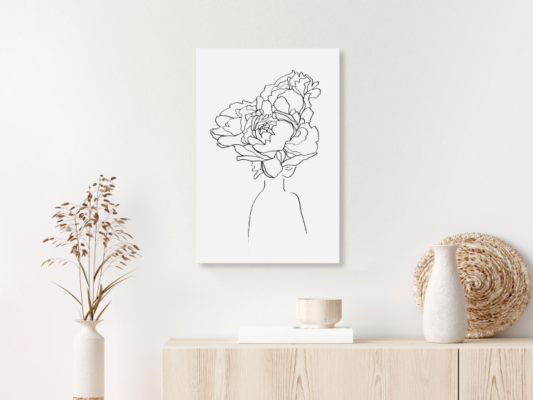 Canvas Art Print Flowery face - black and white, linear woman portrait with flower 132171 additionalImage 3
