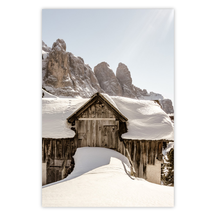 Wall Poster Winter in the Dolomites - small wooden cottage in the mountains covered in snow 137971