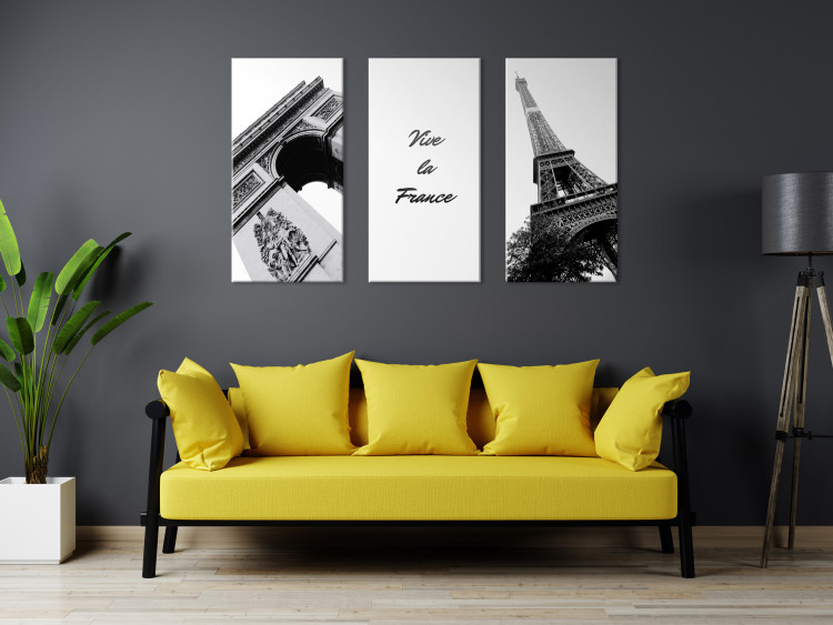 Canvas Print Vive la France (3-piece) - black-and-white Paris and English inscription 144971 additionalImage 3