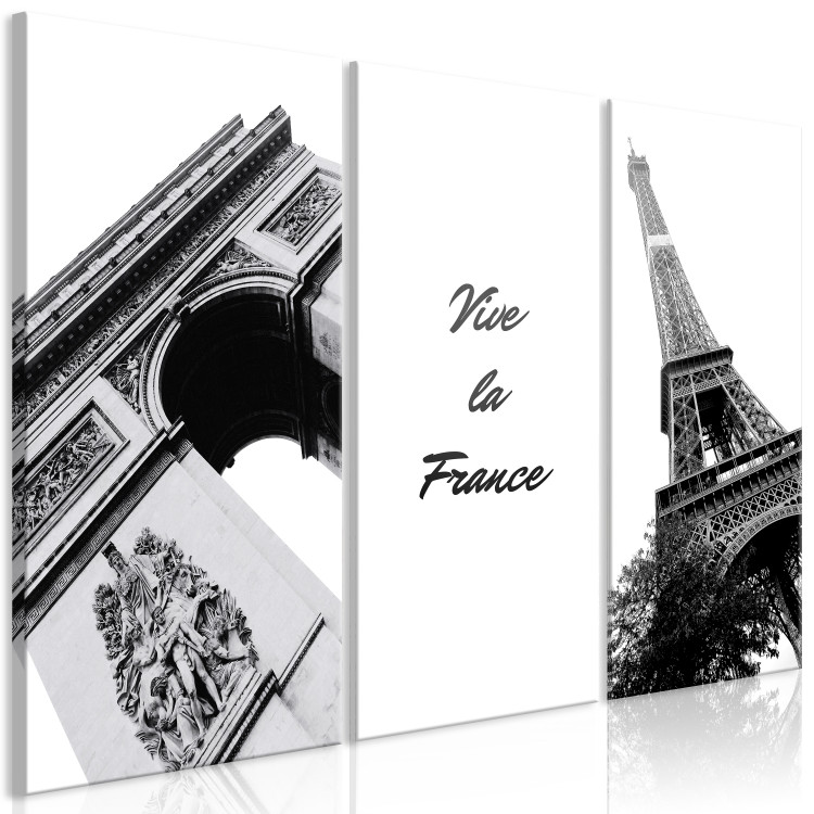 Canvas Print Vive la France (3-piece) - black-and-white Paris and English inscription 144971 additionalImage 2