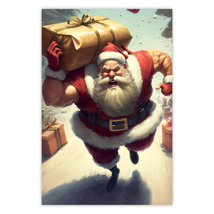 Wall Poster Christmas Madness - A Muscular Santa Claus Carrying a Gift 151871