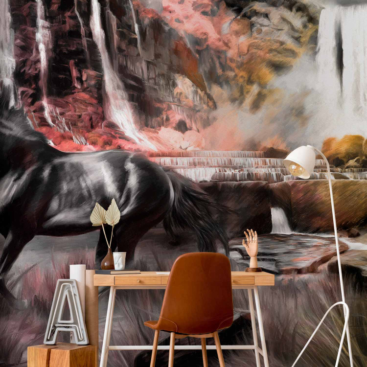 Wall Mural Black Beautiful Horse - fantasy at a stone waterfall in nature 59771 additionalImage 4