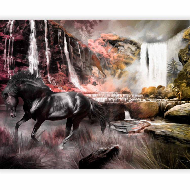Wall Mural Black Beautiful Horse - fantasy at a stone waterfall in nature 59771 additionalImage 5