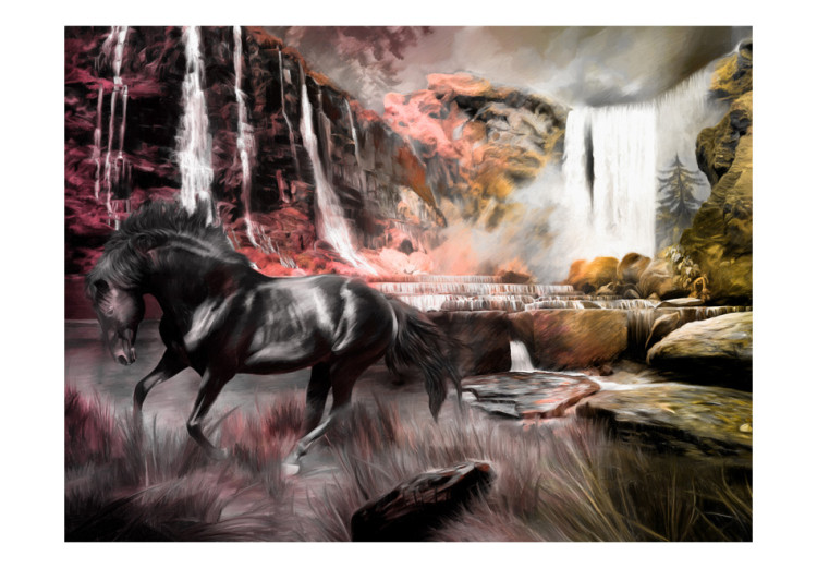 Wall Mural Black Beautiful Horse - fantasy at a stone waterfall in nature 59771 additionalImage 1