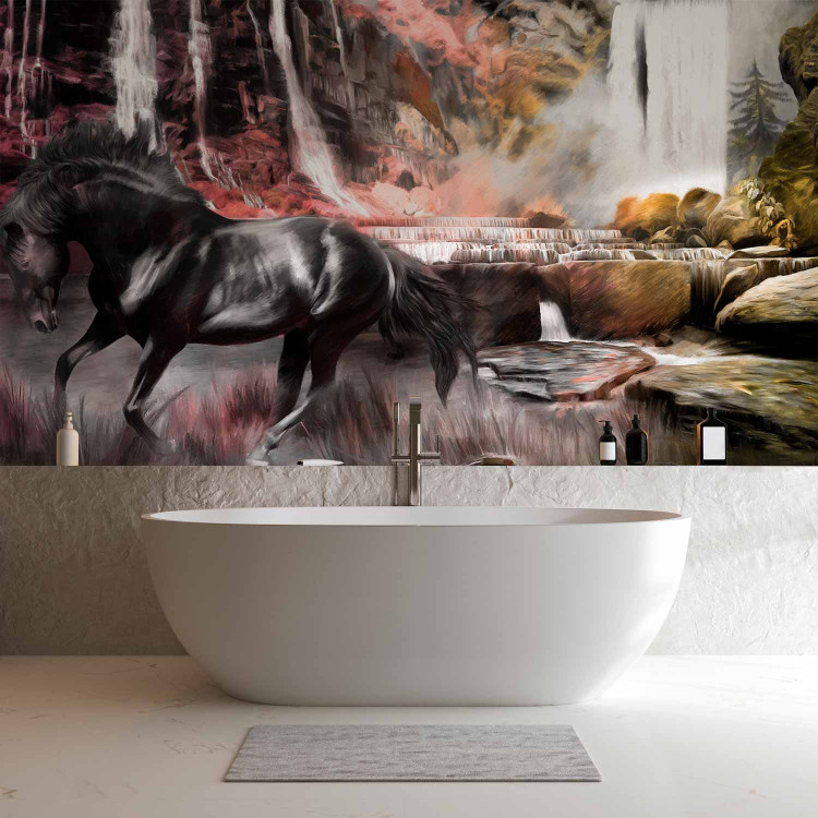 Wall Mural Black Beautiful Horse - fantasy at a stone waterfall in nature 59771 additionalImage 8