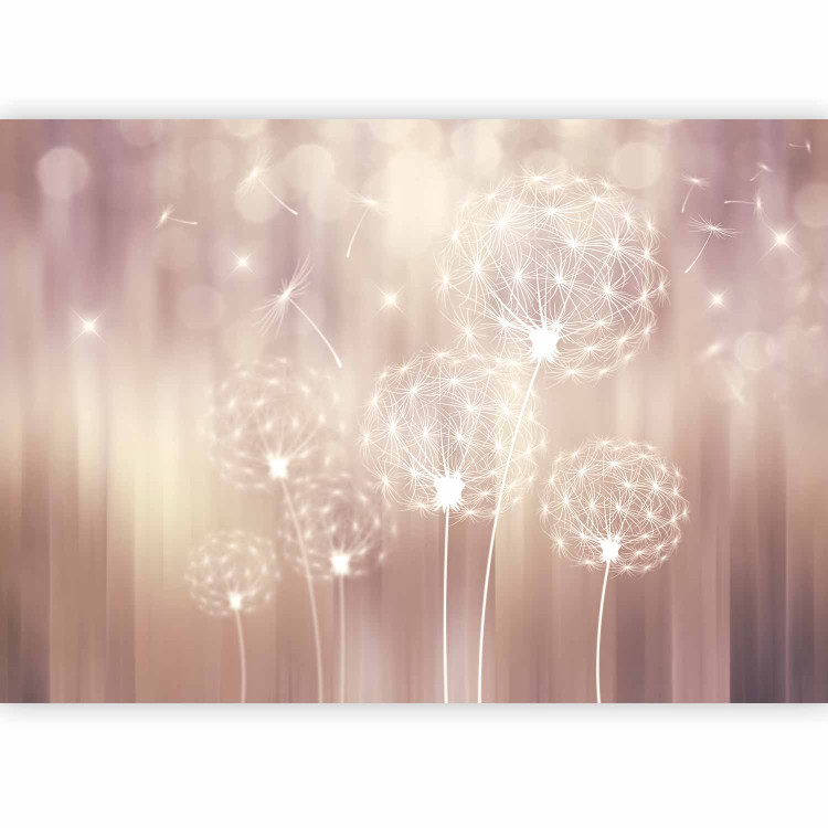 Photo Wallpaper Symbol of summer - white graphic flying dandelions on a luminous background 69571 additionalImage 1