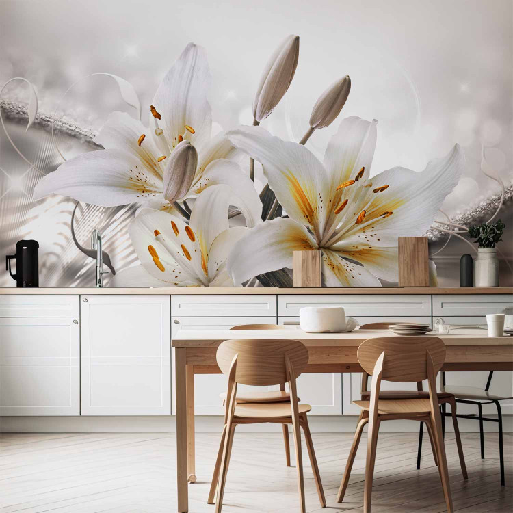 Photo Wallpaper Beauty of the lilies - white flowers on a silver background with a light shimmer effect 93771 additionalImage 6