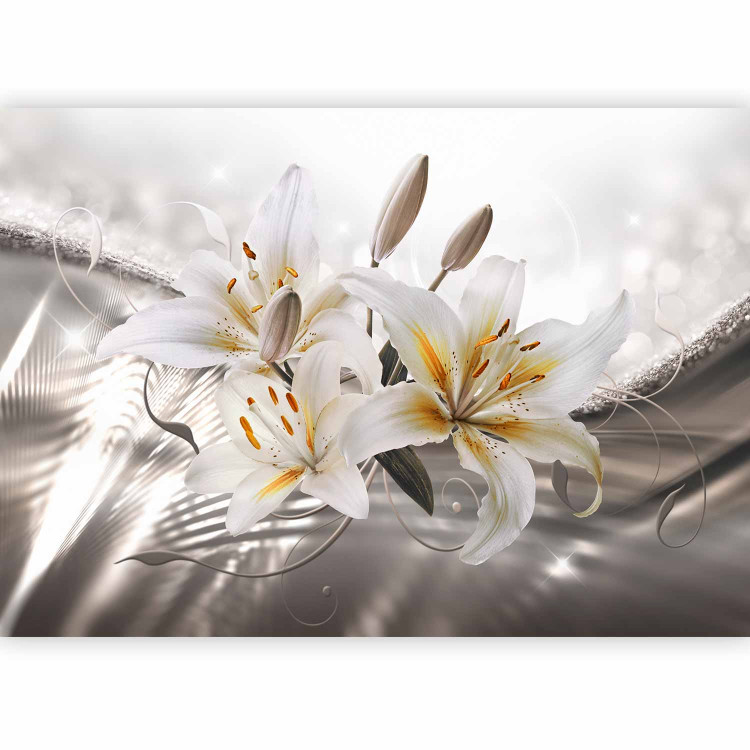 Photo Wallpaper Beauty of the lilies - white flowers on a silver background with a light shimmer effect 93771 additionalImage 1
