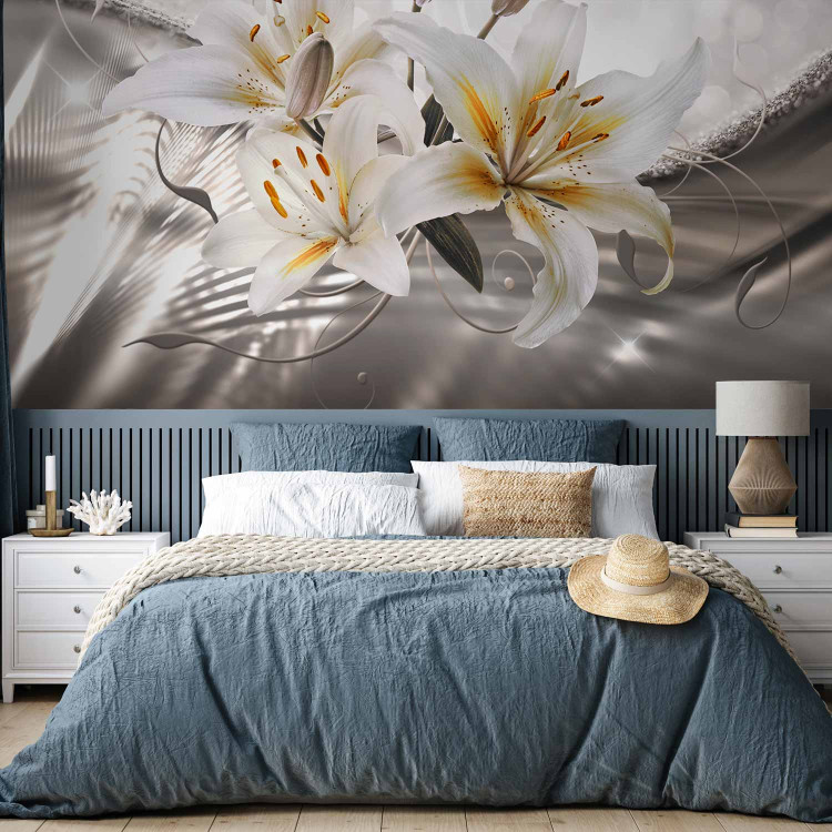 Photo Wallpaper Beauty of the lilies - white flowers on a silver background with a light shimmer effect 93771 additionalImage 2