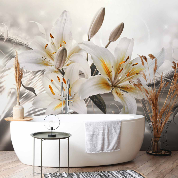 Photo Wallpaper Beauty of the lilies - white flowers on a silver background with a light shimmer effect 93771 additionalImage 8