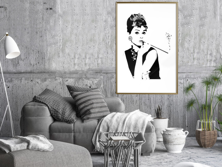 Poster Audrey - black and white portrait of a woman smoking a pipe on a light background 126681 additionalImage 5