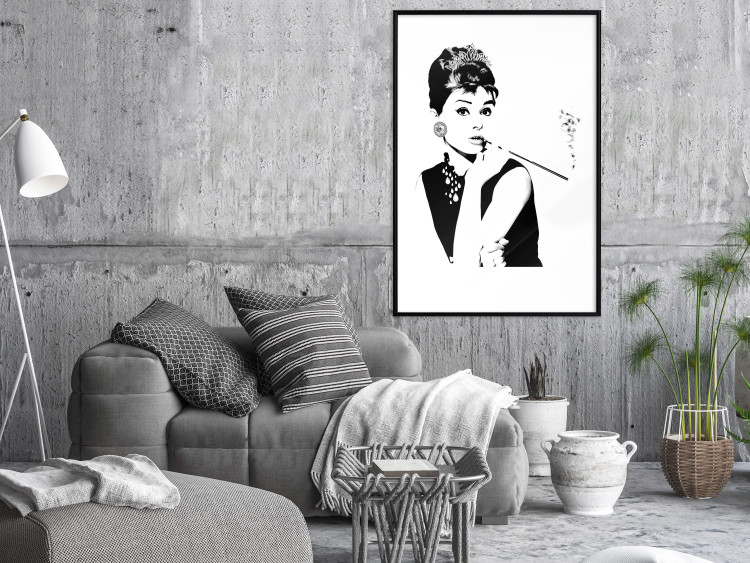 Poster Audrey - black and white portrait of a woman smoking a pipe on a light background 126681 additionalImage 4