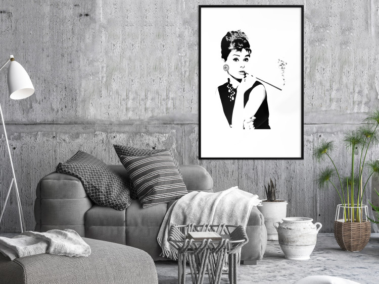 Poster Audrey - black and white portrait of a woman smoking a pipe on a light background 126681 additionalImage 18