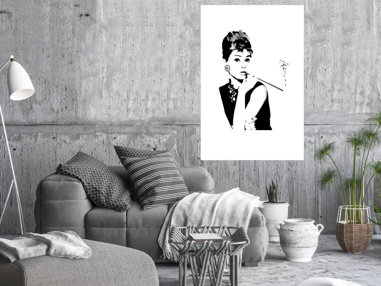 Poster Audrey - black and white portrait of a woman smoking a pipe on a light background 126681 additionalImage 3