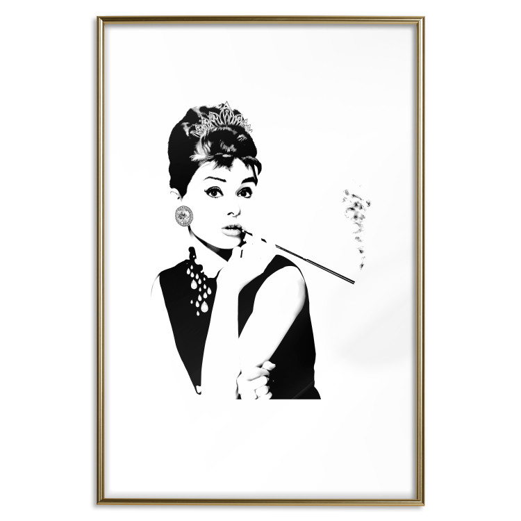 Poster Audrey - black and white portrait of a woman smoking a pipe on a light background 126681 additionalImage 14