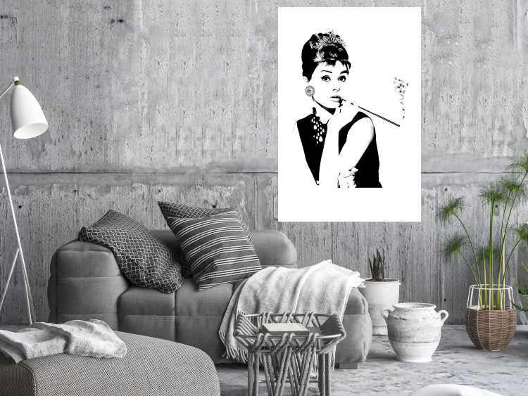 Poster Audrey - black and white portrait of a woman smoking a pipe on a light background 126681 additionalImage 2