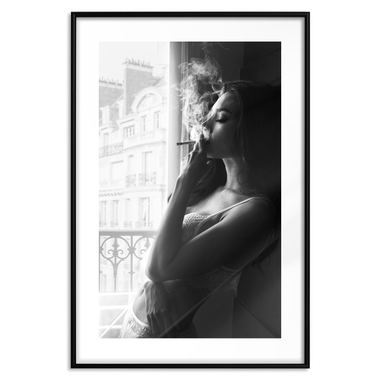 Poster Blissful Moment - black and white photograph of a woman smoking a cigarette 132281 additionalImage 15