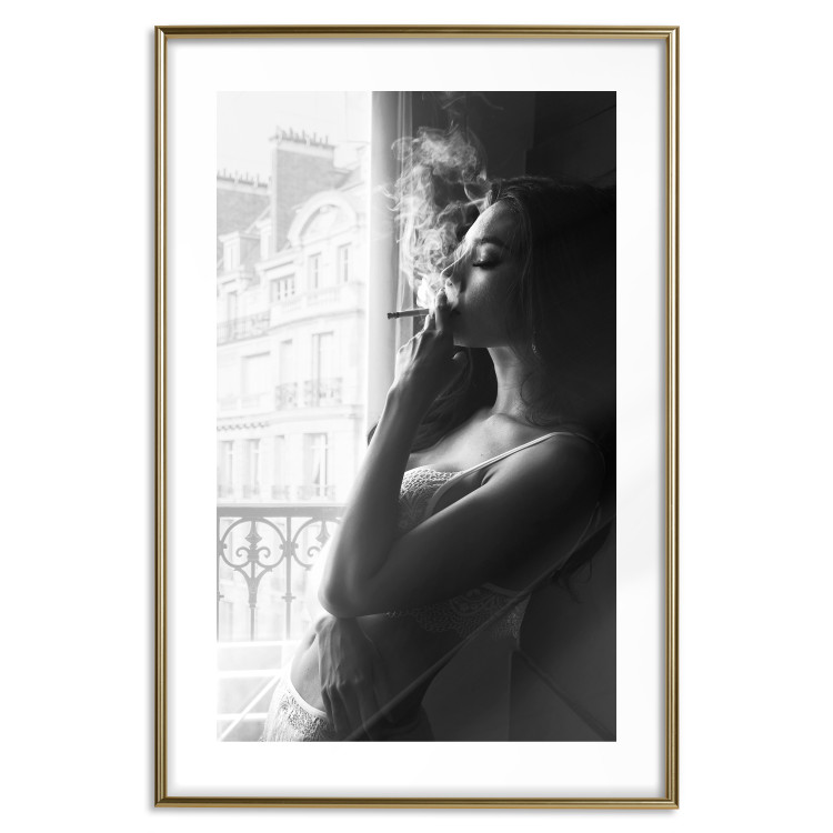 Poster Blissful Moment - black and white photograph of a woman smoking a cigarette 132281 additionalImage 14