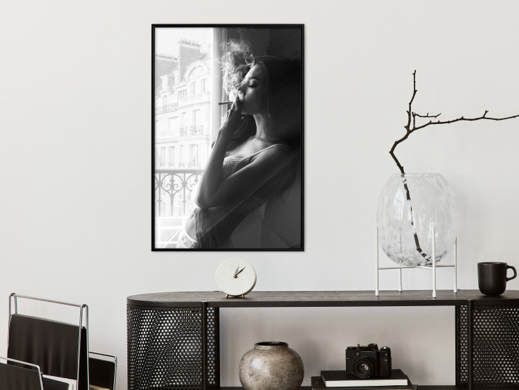 Poster Blissful Moment - black and white photograph of a woman smoking a cigarette 132281 additionalImage 4