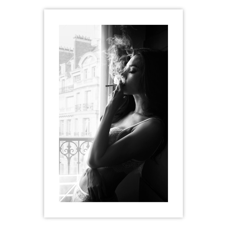 Poster Blissful Moment - black and white photograph of a woman smoking a cigarette 132281 additionalImage 19