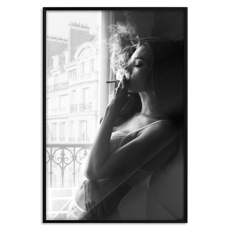 Poster Blissful Moment - black and white photograph of a woman smoking a cigarette 132281 additionalImage 16