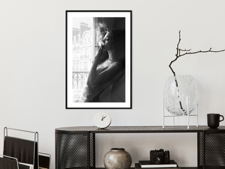 Poster Blissful Moment - black and white photograph of a woman smoking a cigarette 132281 additionalImage 18