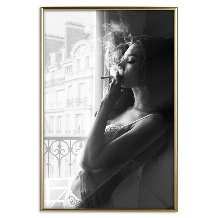 Poster Blissful Moment - black and white photograph of a woman smoking a cigarette 132281 additionalImage 17